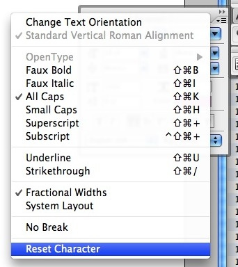 Screenshot of the menu in photoshop showing the reset character option at the bottom of the list